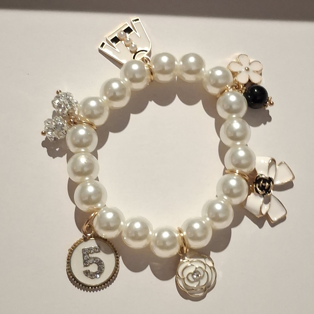 Designer Inspired Camellia Flower Perfume Bottle Charm Pearl Bracelet